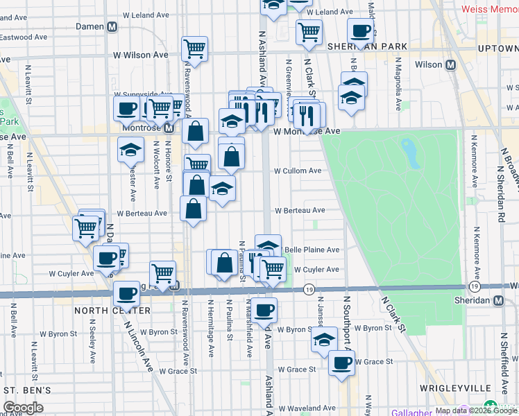 map of restaurants, bars, coffee shops, grocery stores, and more near 1604 West Berteau Avenue in Chicago
