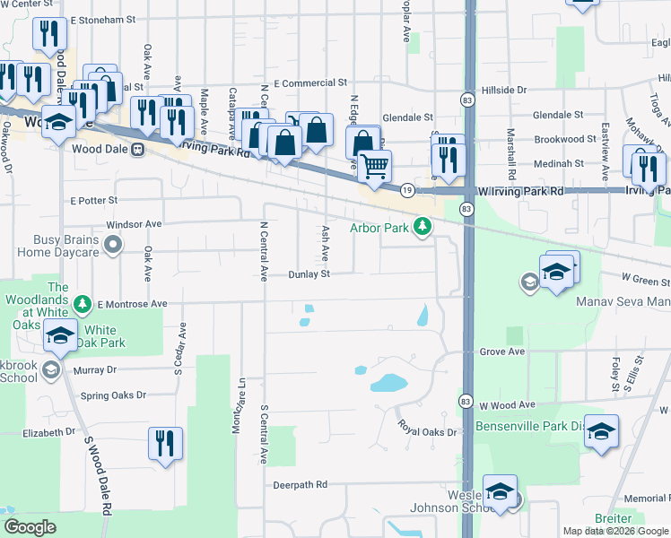 map of restaurants, bars, coffee shops, grocery stores, and more near 131 Ash Avenue in Wood Dale