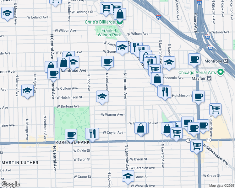 map of restaurants, bars, coffee shops, grocery stores, and more near 5242 West Hutchinson Street in Chicago