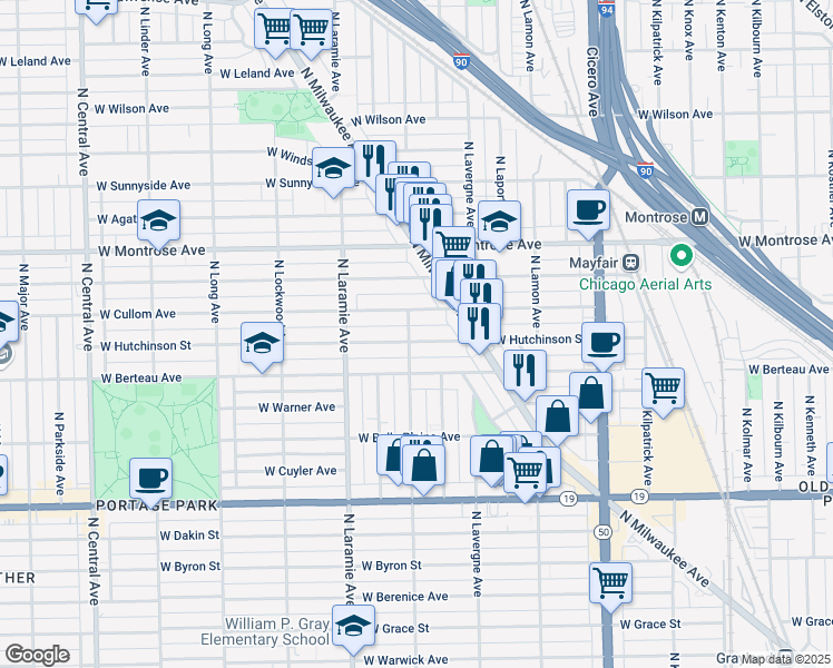 map of restaurants, bars, coffee shops, grocery stores, and more near 5064 West Hutchinson Street in Chicago