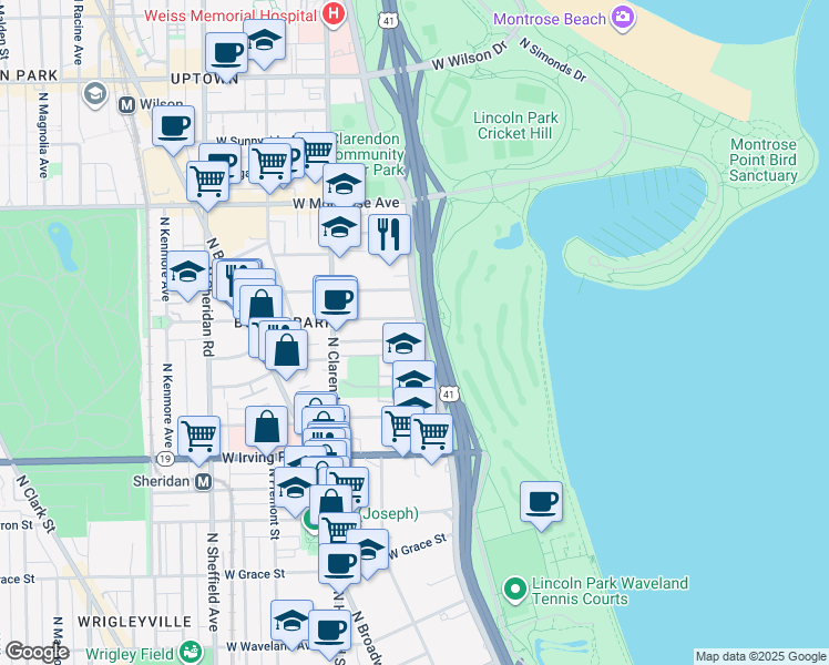 map of restaurants, bars, coffee shops, grocery stores, and more near 4180 North Marine Drive in Chicago