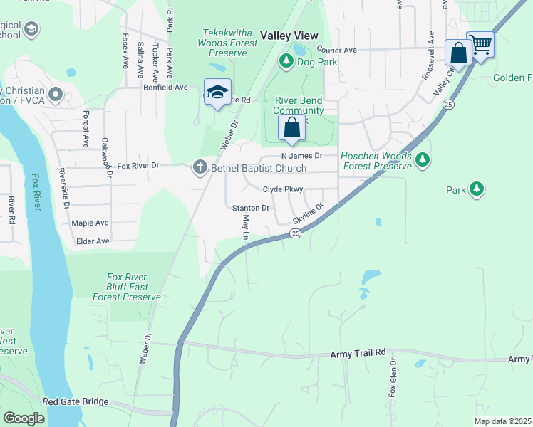map of restaurants, bars, coffee shops, grocery stores, and more near 34W939 Stanton Drive in St. Charles