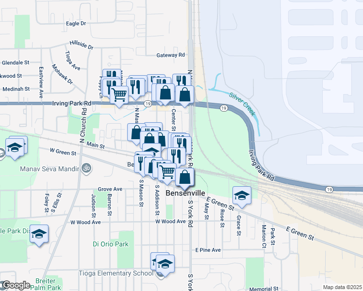 map of restaurants, bars, coffee shops, grocery stores, and more near 30 North York Road in Bensenville