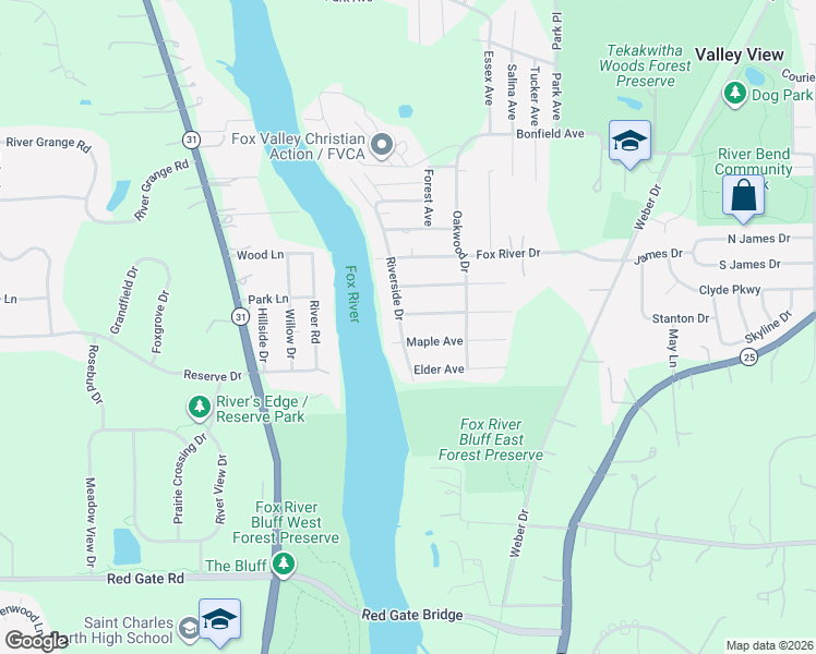map of restaurants, bars, coffee shops, grocery stores, and more near 6N104 Riverside Drive in St. Charles