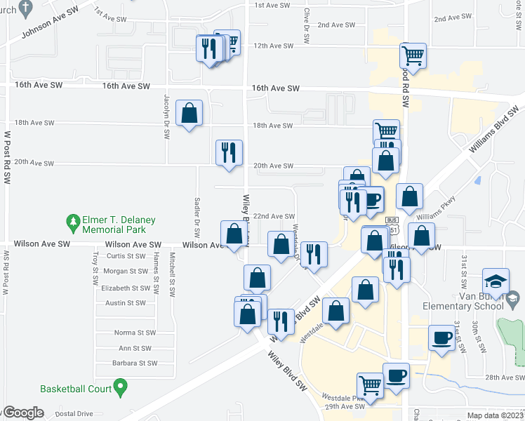 map of restaurants, bars, coffee shops, grocery stores, and more near 4100 22nd Avenue Southwest in Cedar Rapids
