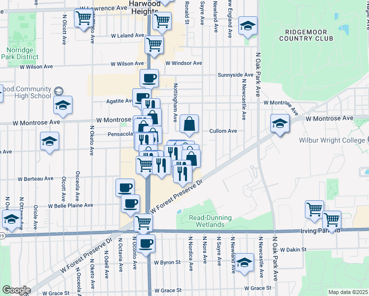 map of restaurants, bars, coffee shops, grocery stores, and more near 7020 West Cullom Avenue in Norridge