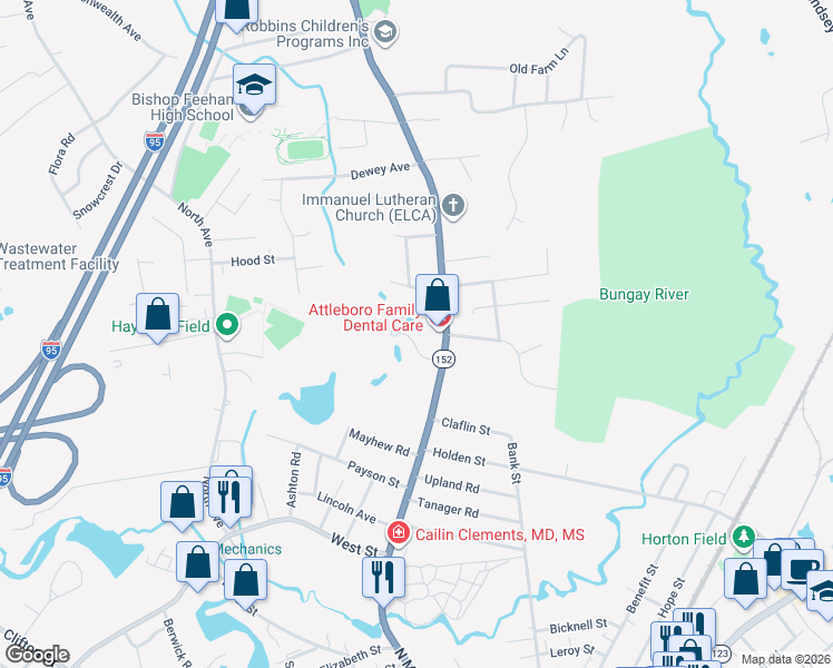 map of restaurants, bars, coffee shops, grocery stores, and more near 27 Raymond Drive in Attleboro
