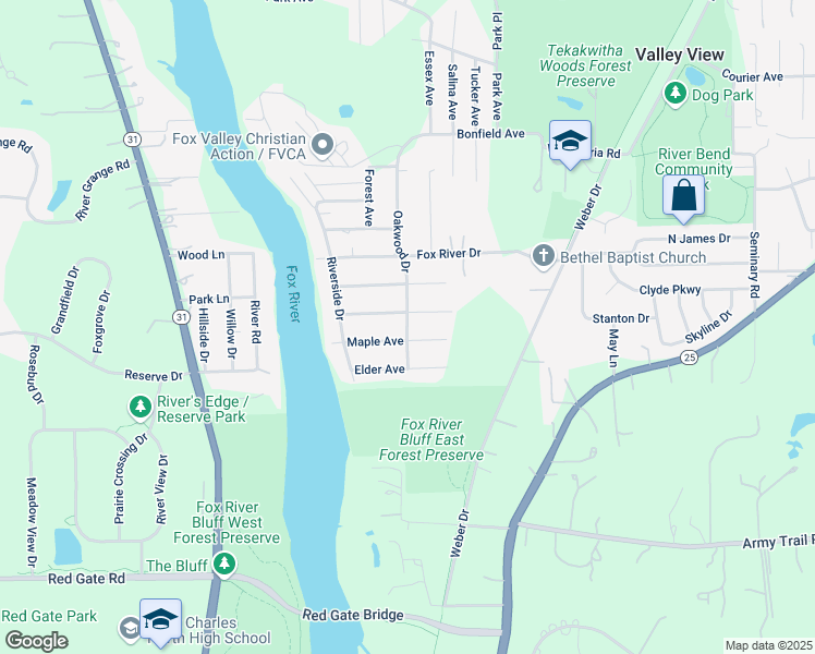 map of restaurants, bars, coffee shops, grocery stores, and more near 6N097 Oakwood Drive in St. Charles
