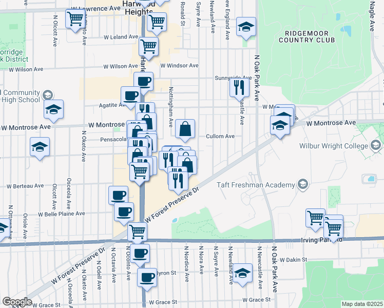 map of restaurants, bars, coffee shops, grocery stores, and more near 4223 North Sayre Avenue in Norridge