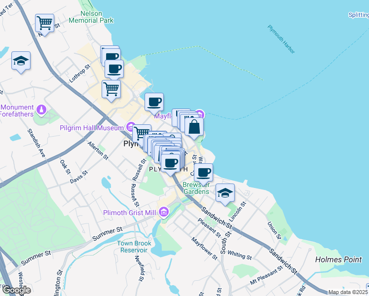 map of restaurants, bars, coffee shops, grocery stores, and more near 4 Winslow Street in Plymouth