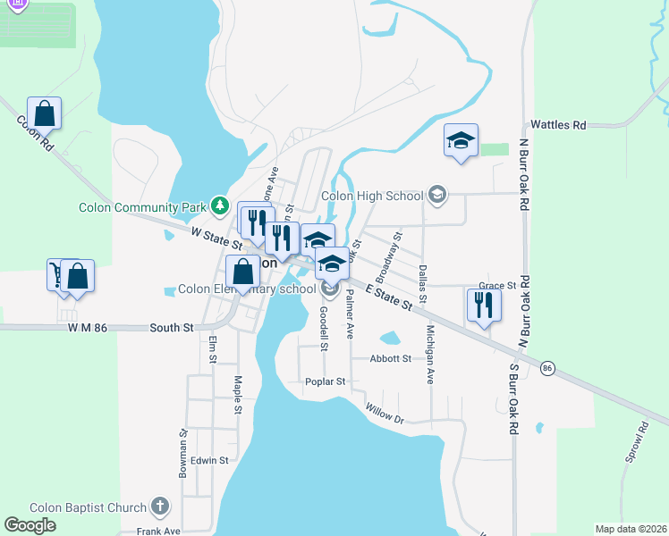 map of restaurants, bars, coffee shops, grocery stores, and more near 329 East State Street in Colon