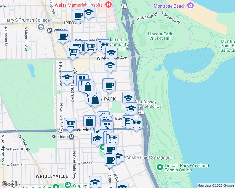 map of restaurants, bars, coffee shops, grocery stores, and more near 720 West Gordon Terrace in Chicago