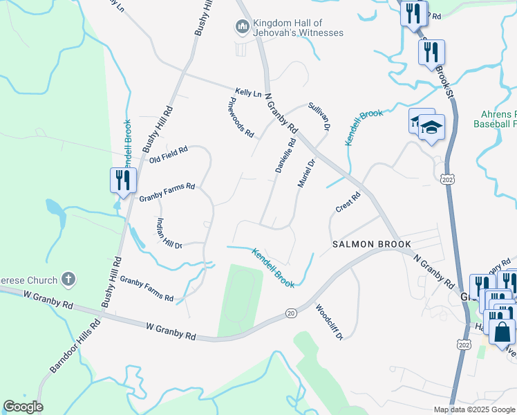 map of restaurants, bars, coffee shops, grocery stores, and more near 18 Danielle Road in Granby
