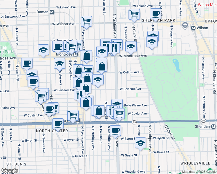 map of restaurants, bars, coffee shops, grocery stores, and more near 4201 North Paulina Street in Chicago