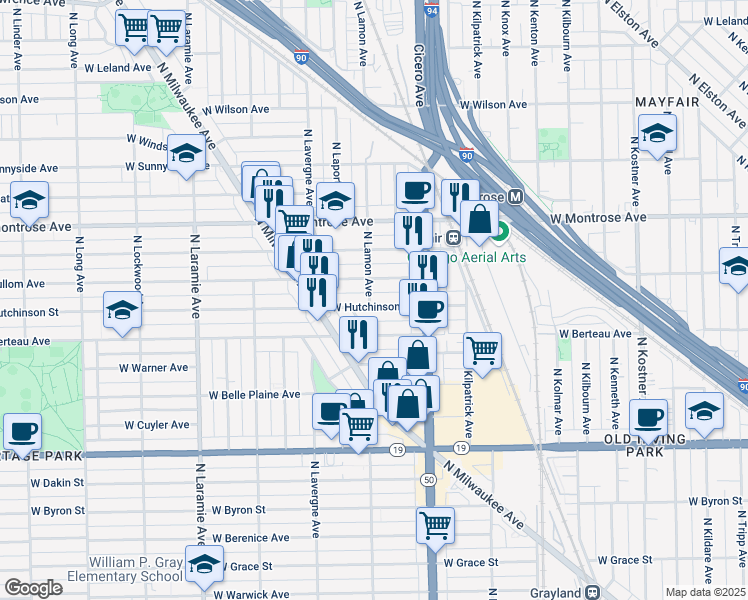 map of restaurants, bars, coffee shops, grocery stores, and more near 4900 West Hutchinson Street in Chicago