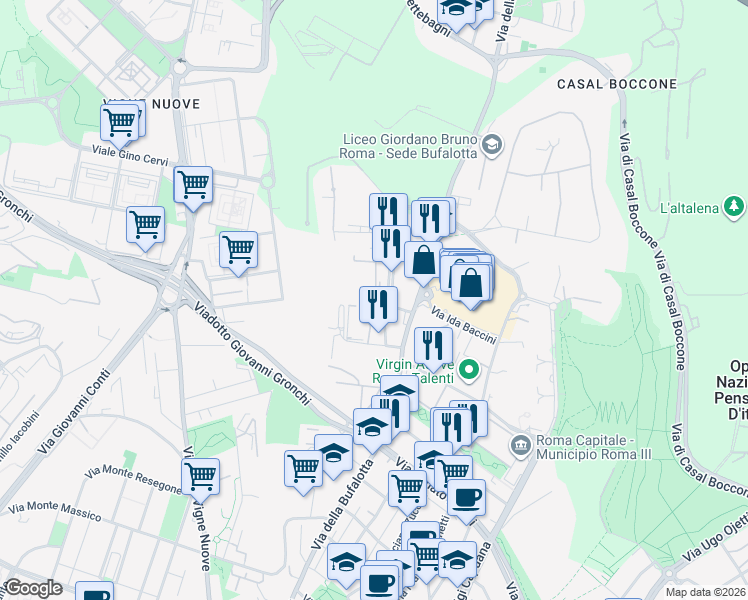 map of restaurants, bars, coffee shops, grocery stores, and more near 22 Via Giulio Antamoro in Roma
