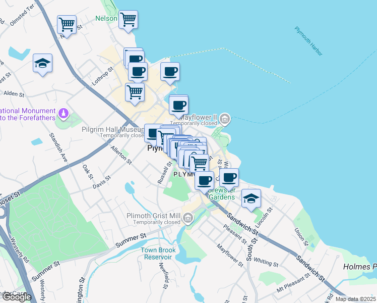 map of restaurants, bars, coffee shops, grocery stores, and more near 11 Brewster Street in Plymouth