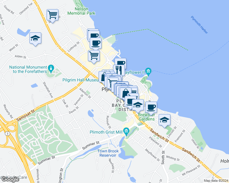 map of restaurants, bars, coffee shops, grocery stores, and more near 33 Court Street in Plymouth