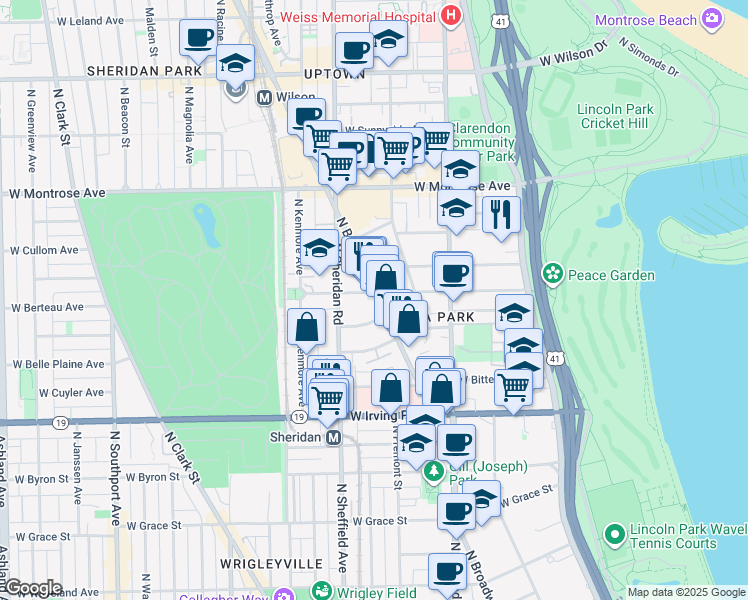 map of restaurants, bars, coffee shops, grocery stores, and more near 4139 North Broadway in Chicago