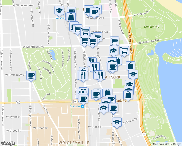 map of restaurants, bars, coffee shops, grocery stores, and more near 4151 North Sheridan Road in Chicago