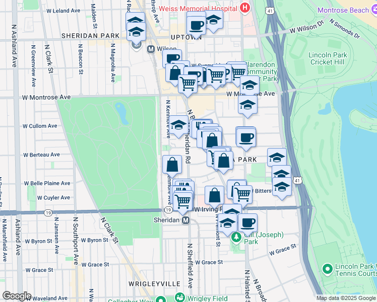 map of restaurants, bars, coffee shops, grocery stores, and more near 4151 North Sheridan Road in Chicago
