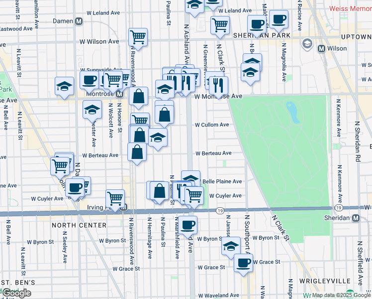 map of restaurants, bars, coffee shops, grocery stores, and more near 1604 West Berteau Avenue in Chicago