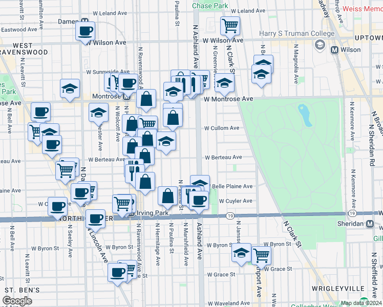 map of restaurants, bars, coffee shops, grocery stores, and more near 4157 North Paulina Street in Chicago