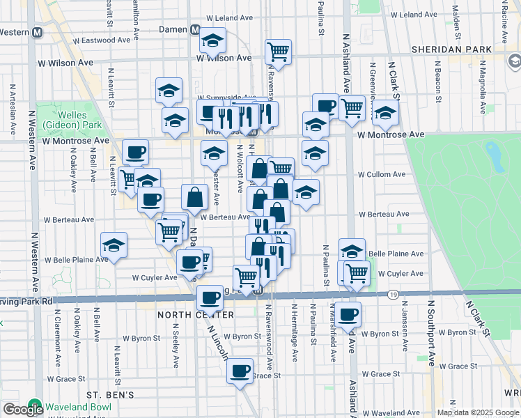 map of restaurants, bars, coffee shops, grocery stores, and more near 4205 North Honore Street in Chicago