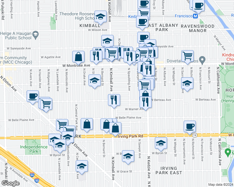 map of restaurants, bars, coffee shops, grocery stores, and more near 3349 West Hutchinson Street in Chicago