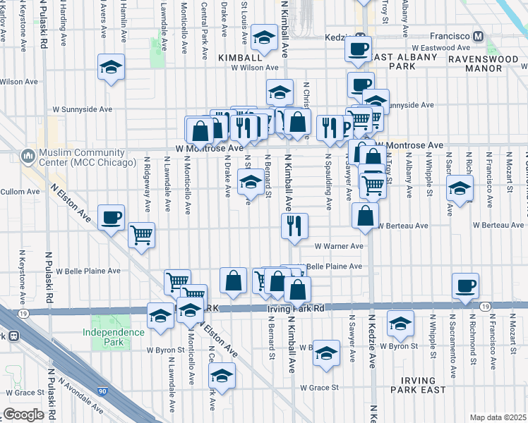 map of restaurants, bars, coffee shops, grocery stores, and more near 4215 North Bernard Street in Chicago