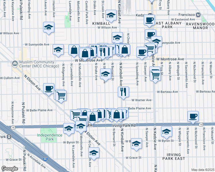 map of restaurants, bars, coffee shops, grocery stores, and more near 4214 North Saint Louis Avenue in Chicago