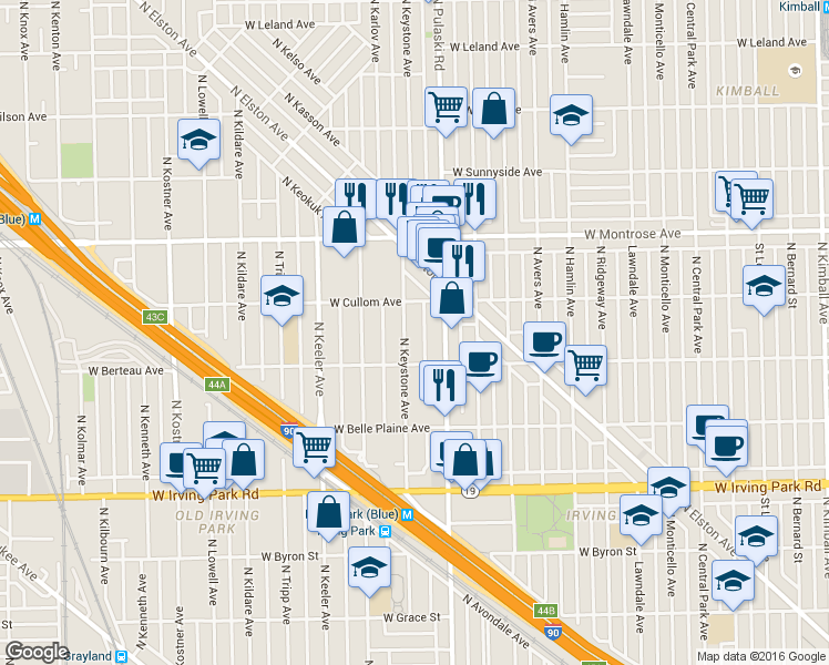 map of restaurants, bars, coffee shops, grocery stores, and more near 4219 North Keystone Avenue in Chicago