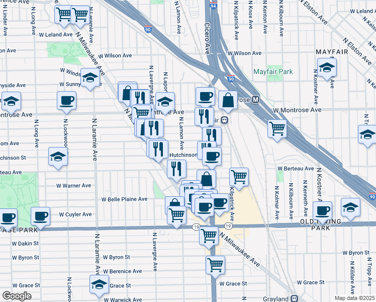 map of restaurants, bars, coffee shops, grocery stores, and more near 4900 West Hutchinson Street in Chicago