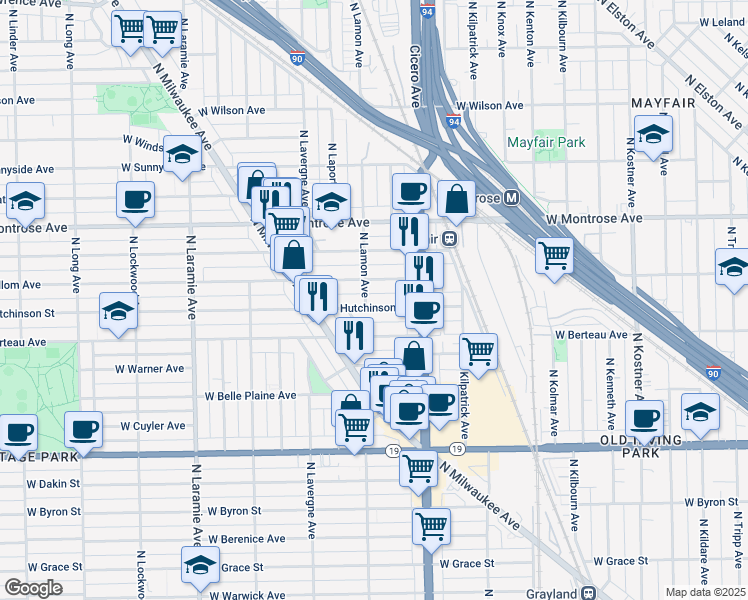 map of restaurants, bars, coffee shops, grocery stores, and more near 4900 West Hutchinson Street in Chicago