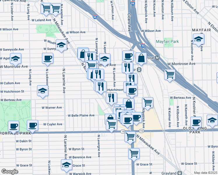 map of restaurants, bars, coffee shops, grocery stores, and more near 4900 West Hutchinson Street in Chicago