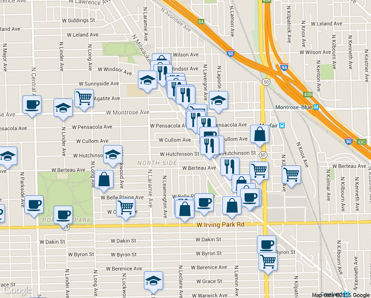 map of restaurants, bars, coffee shops, grocery stores, and more near 5064 West Hutchinson Street in Chicago