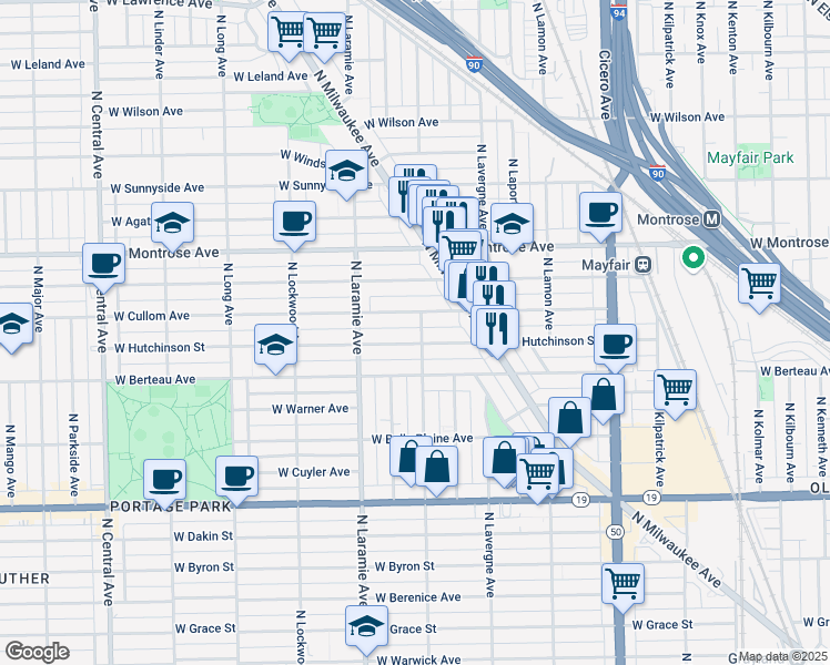 map of restaurants, bars, coffee shops, grocery stores, and more near 5064 West Hutchinson Street in Chicago