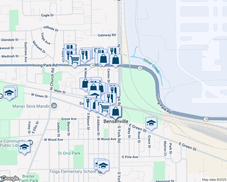 map of restaurants, bars, coffee shops, grocery stores, and more near 30 North York Road in Bensenville