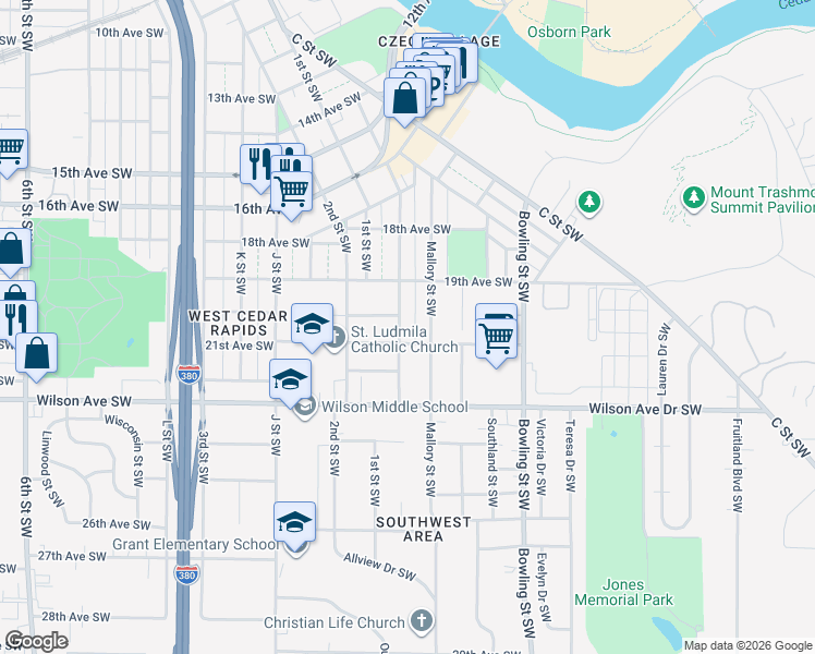 map of restaurants, bars, coffee shops, grocery stores, and more near 2021 Hamilton St SW in Cedar Rapids