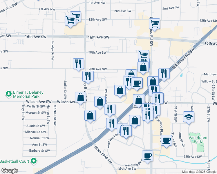 map of restaurants, bars, coffee shops, grocery stores, and more near 2213 Westdale Drive Southwest in Cedar Rapids