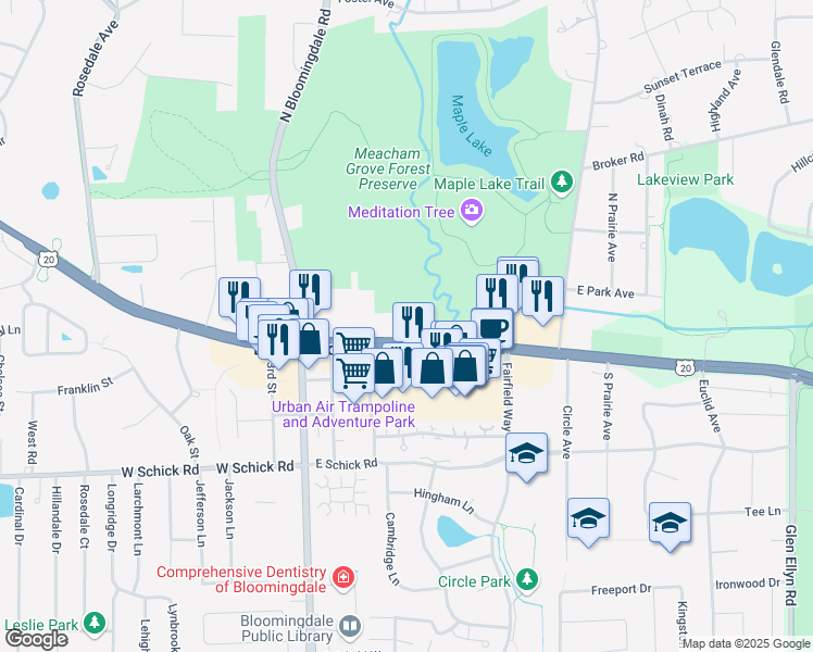map of restaurants, bars, coffee shops, grocery stores, and more near 129-37 East Lake Street in Bloomingdale