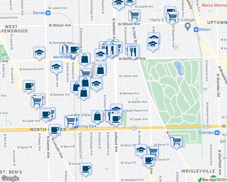 map of restaurants, bars, coffee shops, grocery stores, and more near 4204 North Ashland Avenue in Chicago