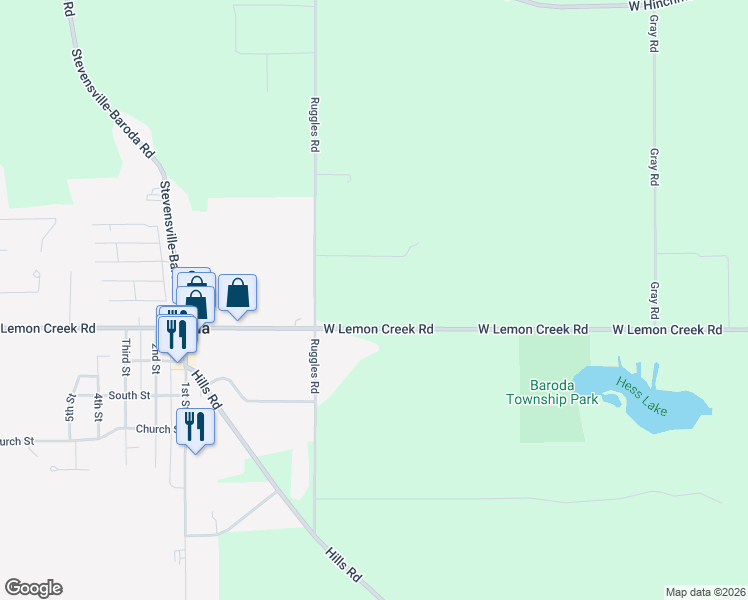 map of restaurants, bars, coffee shops, grocery stores, and more near 1001 West Lemon Creek Road in Baroda