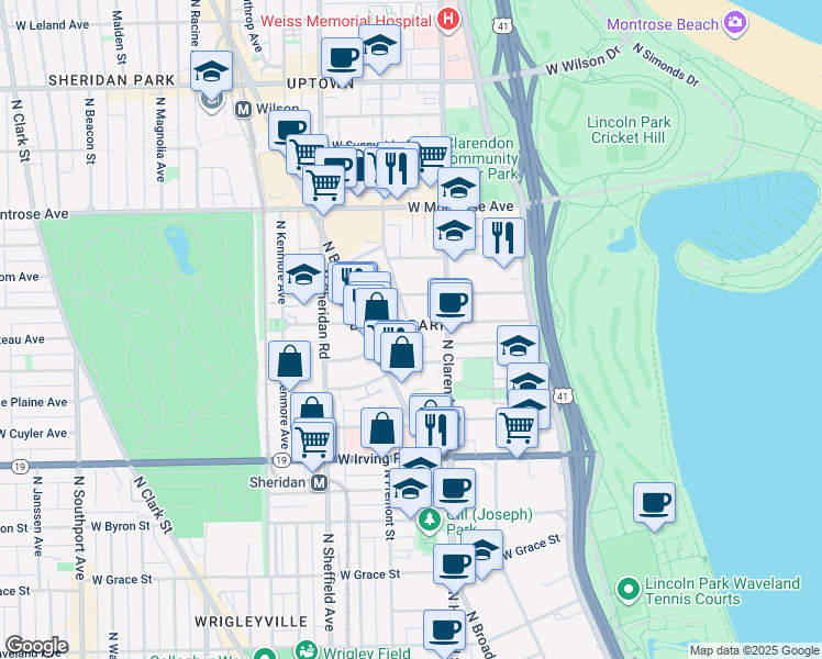 map of restaurants, bars, coffee shops, grocery stores, and more near 833 West Buena Avenue in Chicago
