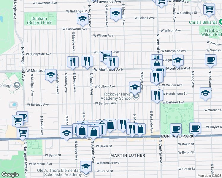 map of restaurants, bars, coffee shops, grocery stores, and more near 4251 North Marmora Avenue in Chicago