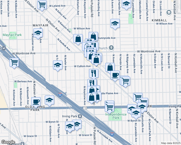 map of restaurants, bars, coffee shops, grocery stores, and more near 4219 North Keystone Avenue in Chicago