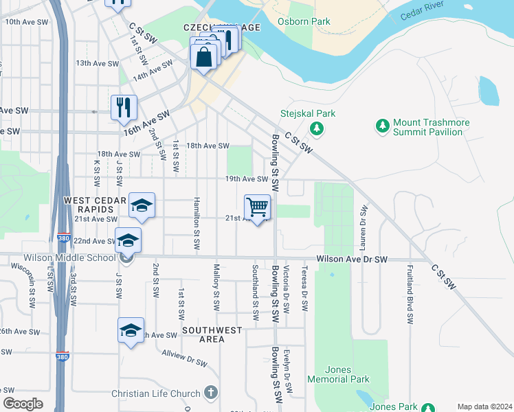 map of restaurants, bars, coffee shops, grocery stores, and more near 135 20th Avenue Southwest in Cedar Rapids