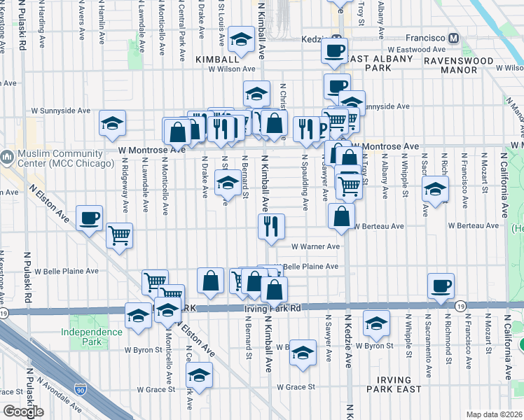 map of restaurants, bars, coffee shops, grocery stores, and more near 4215 North Bernard Street in Chicago