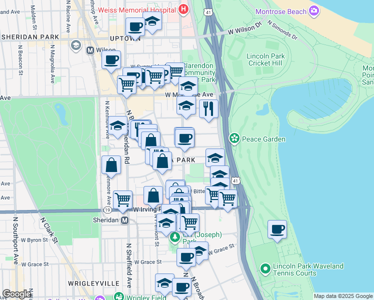 map of restaurants, bars, coffee shops, grocery stores, and more near 754 West Gordon Terrace in Chicago