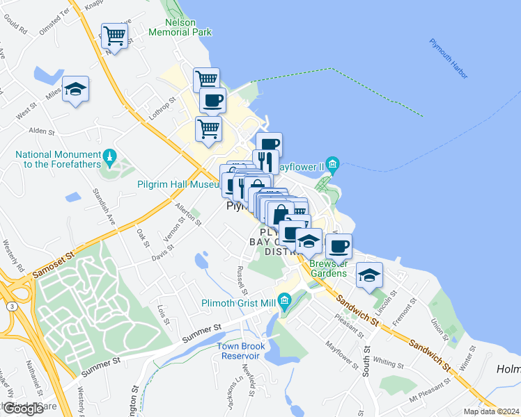 map of restaurants, bars, coffee shops, grocery stores, and more near 33 Court Street in Plymouth